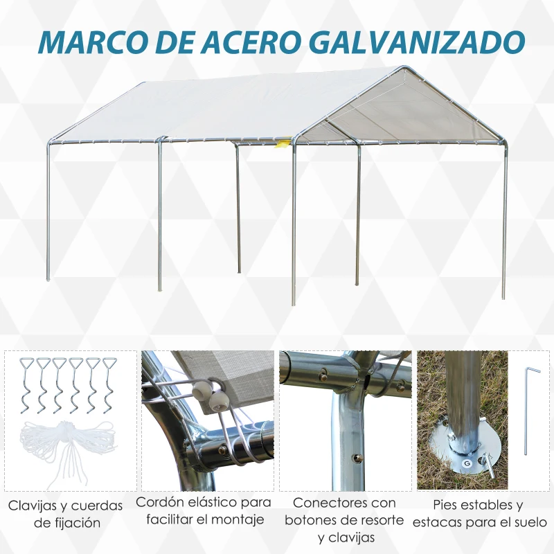 Outsunny Carpa Garaje para Coche 3x6 m Cochera Portátil Impermeable con Toldo de Tela PE y Marco de Acero Galvanizado Blanco