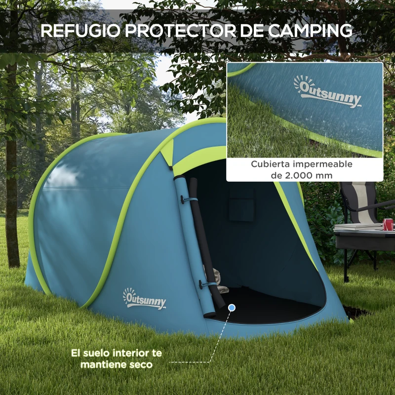 Outsunny Tienda de Campaña para 2 Personas Tienda Acampada Impermeable de 2000 mm con Bolsa de Transporte 245x148x105 cm Azul