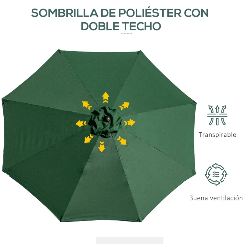 Outsunny Sombrilla de Jardín Ø295x250 cm con Manivela Parasol Exterior con Mecanismo de Inclinación y Poste Desmontable de Metal para Terraza Piscina Patio Verde