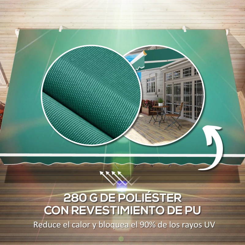 Outsunny Toldo Manual 395x245 cm con Manivela Toldo Balcón Patio Terraza de Aluminio y Tejido Poliéster 280 g/m² Anti-UV Verde