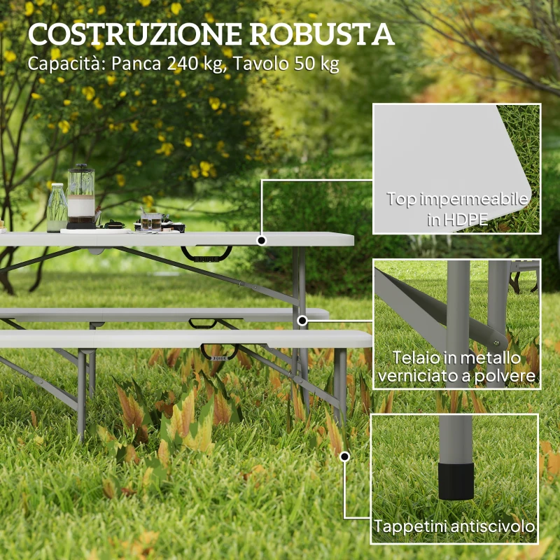 Outsunny Set da Pic Nic Pieghevole a 3 Pezzi con Tavolo e 2 Panche in HDPE e Metallo, Bianco e Grigio Chiaro
