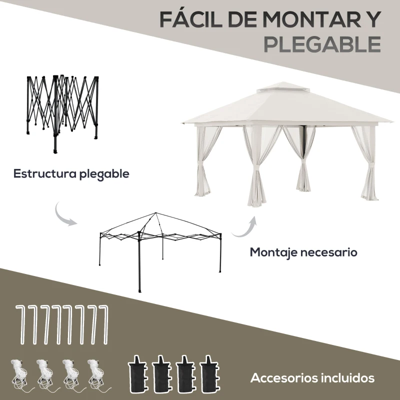 Outsunny Carpa Plegable Pop-up con Altura Ajustable Protección UV50+ Doble Techo y Mosquiteras 4x4x2,8 m Crema