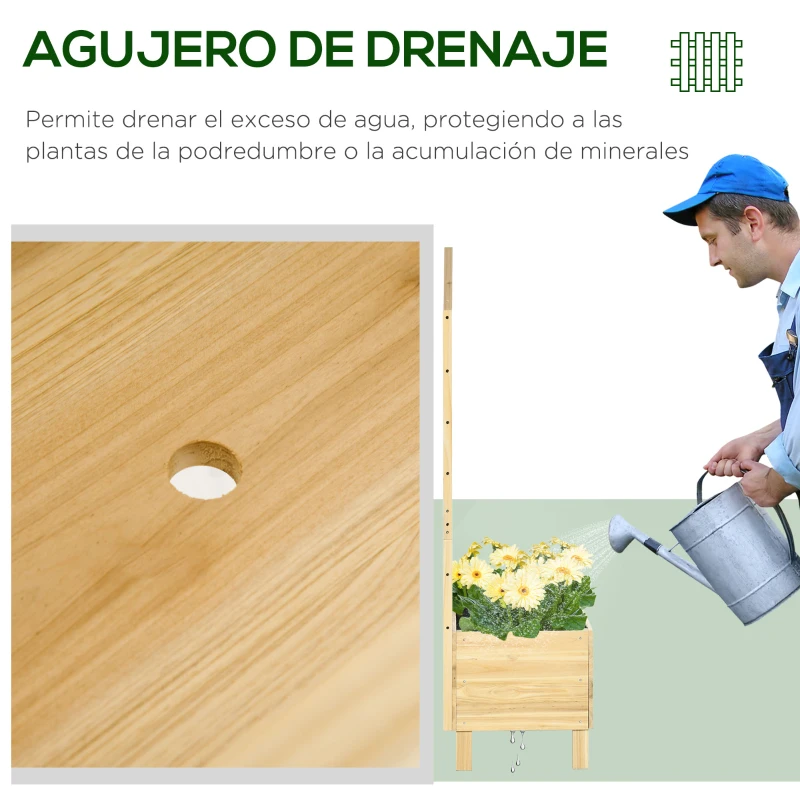 Outsunny Jardinera de Madera con Enrejado con Tela no Tejida y 2 Orificios de Drenaje para Cultivos Verduras 60x43x147 cm Natural