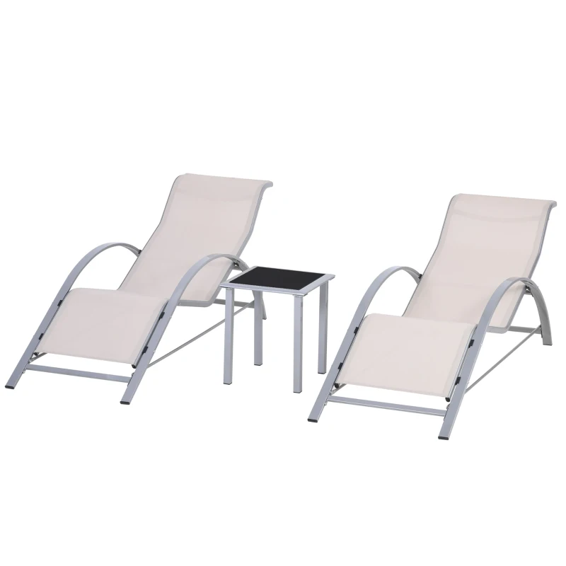 Outsunny Set de 2 Tumbonas Jardín Exterior con Mesa Auxiliar de Vidrio Templado Tumbonas con Respaldo Reposabrazos para Patio Piscina Terraza Exterior Beige