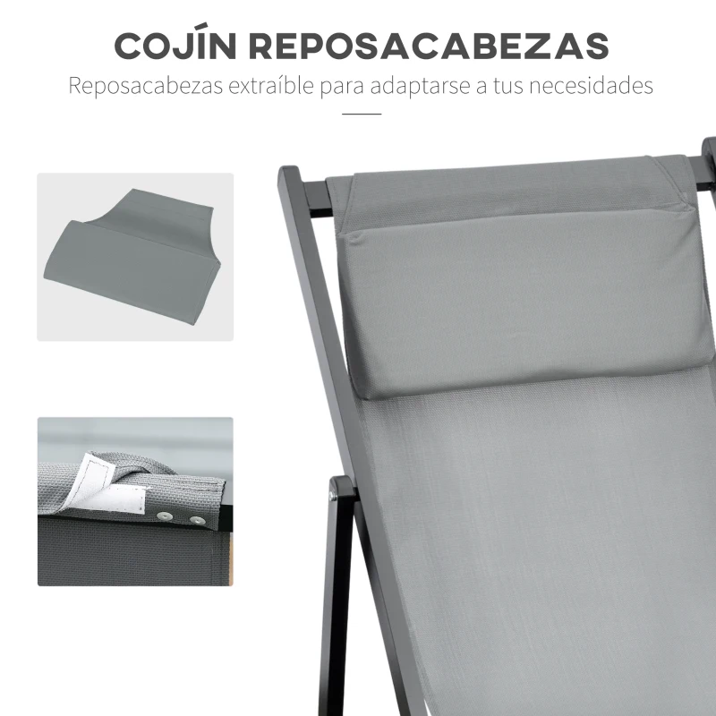 Outsunny Conjunto de 2 Tumbonas Plegables de Aluminio con Respaldo Regulable en 5 Posiciones y Reposacabezas 58x96,5x91,5 cm Gris
