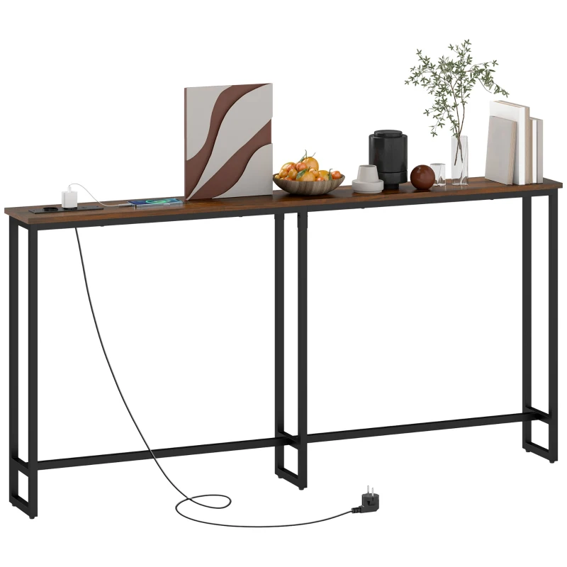 HOMCOM Smalle Consoletafel met Oplaadstation, Industriële Stijl, Stalen Frame, Bruin(m-10)