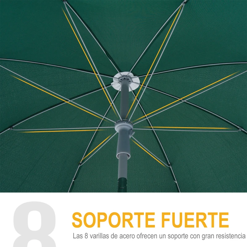 Outsunny Sombrilla de Playa Diámetro de Ø202 cm con Techo Inclinable Poste Desmontable y Pincho Inferior para Jardín Verde