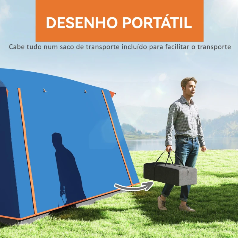 Outsunny Tenda de Campismo Familiar para 4-6 Pessoas com 2 Quartos Alpendre Impermeável 3000 mm Anti-UV 430x305x195 cm Azul