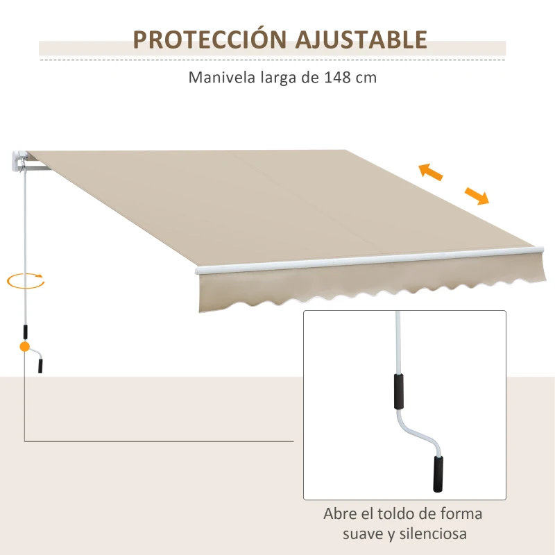 Outsunny Toldo para Balcón 350x250 cm con Manivela de Metal Impermeable y Anti-UV para Jardín Terraza Ventanas Crema