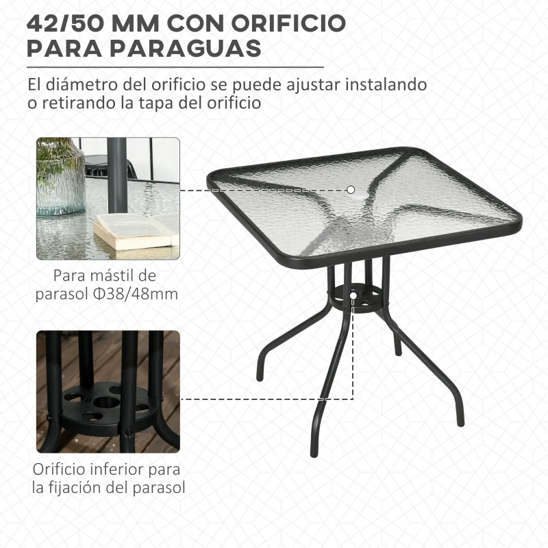 Outsunny Mesa de Jardín Cuadrada 76x76x72 cm con Agujero para Sombrilla y Encimera de Vidrio Templado para Patio Terraza Negro