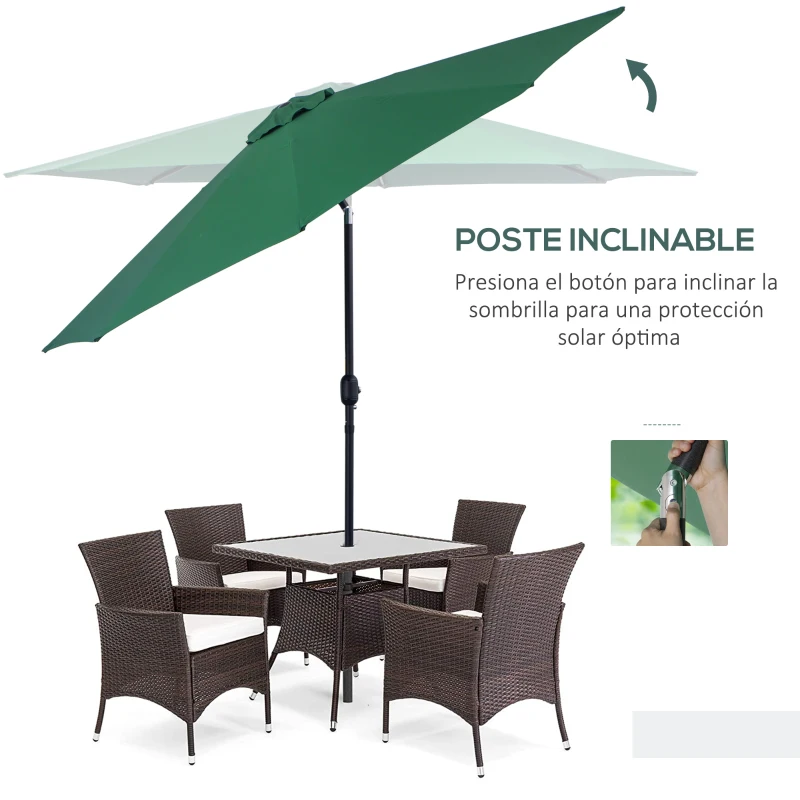 Outsunny Sombrilla de Jardín Ø295x250 cm con Manivela Parasol Exterior con Mecanismo de Inclinación y Poste Desmontable de Metal para Terraza Piscina Patio Verde