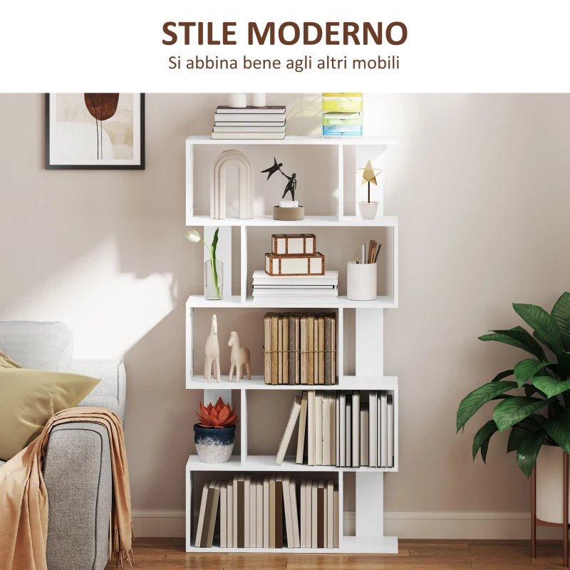 HOMCOM Libreria Asimmetrica a S a 5 Livelli con 10 Ripiani Aperti, in Legno, 80x24x159 cm, Bianco