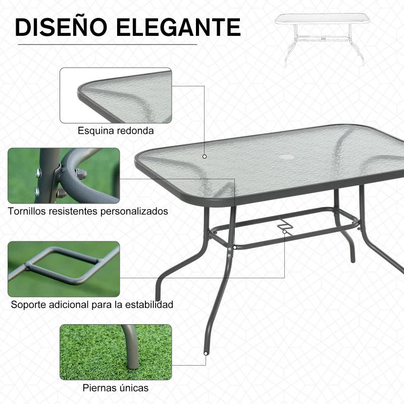Outsunny Mesa de Jardín Exterior Rectangular de Metal Bordes Curvos con Orificio para Sombrilla Capacidad 70kg Vidrio Templado 120x80x70 cm Gris Carbón