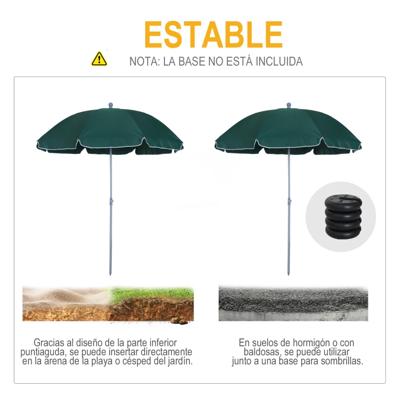 Outsunny Sombrilla de Playa Diámetro de Ø202 cm con Techo Inclinable Poste Desmontable y Pincho Inferior para Jardín Verde