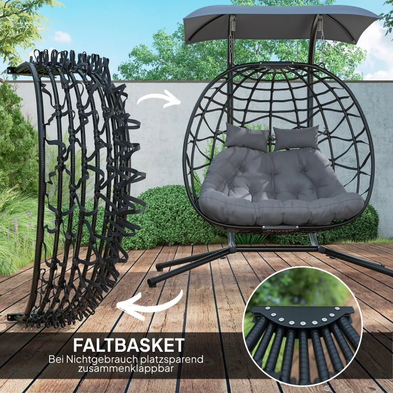 Outsunny Hängestuhl, Faltbarer Korbstuhl mit Kissen, Stahlrahmen, Sonnendach, bis zu 260 kg belastbar, Dunkelgrau