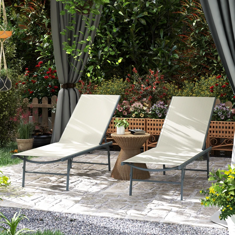 Outsunny Conjunto de 2 Espreguiçadeiras Jardim Dobráveis e Reclináveis em 5 Posições 164x54x84 cm Creme