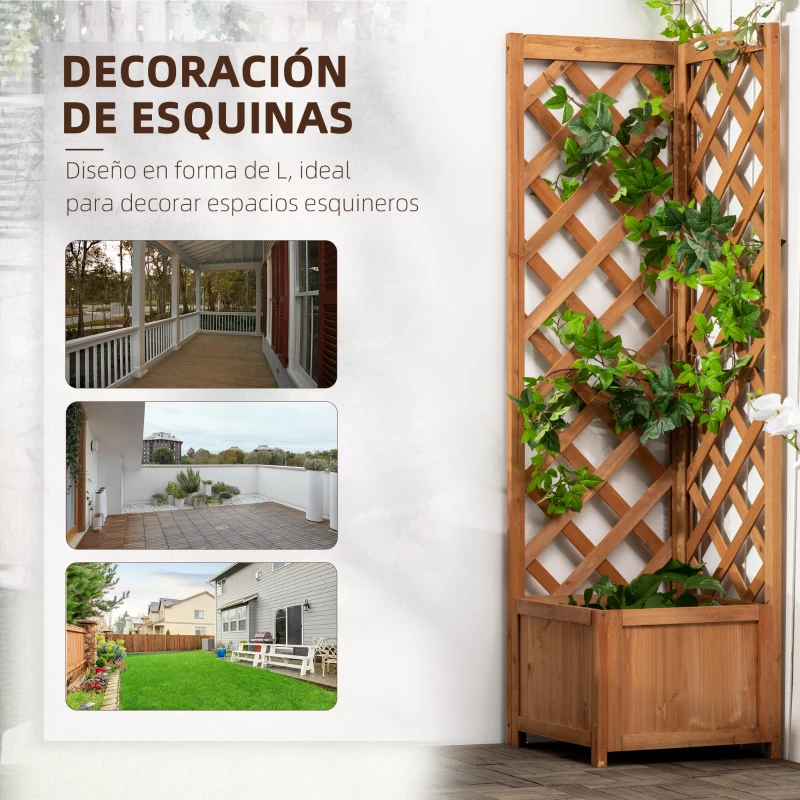 Outsunny Jardinera con Enrejado de Madera para Trepadoras Plantas Flores Decoración en Esquinas 40x40x145 cm Natural
