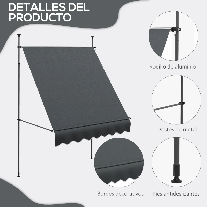 Outsunny Toldo Manual Retráctil con Manivela 200x120x210-300 cm con Altura Ajustable Impermeable y Anti-UV Gris Oscuro