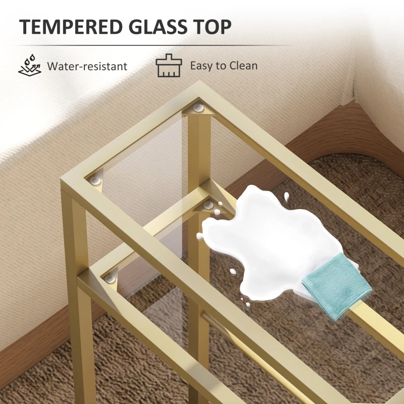 HOMCOM 3-Tier Side Table, Narrow End Table with Storage Shelf and Tempered Glass Tabletop for Small Spaces, Bedroom, Living Room, Entryway, Gold Tone