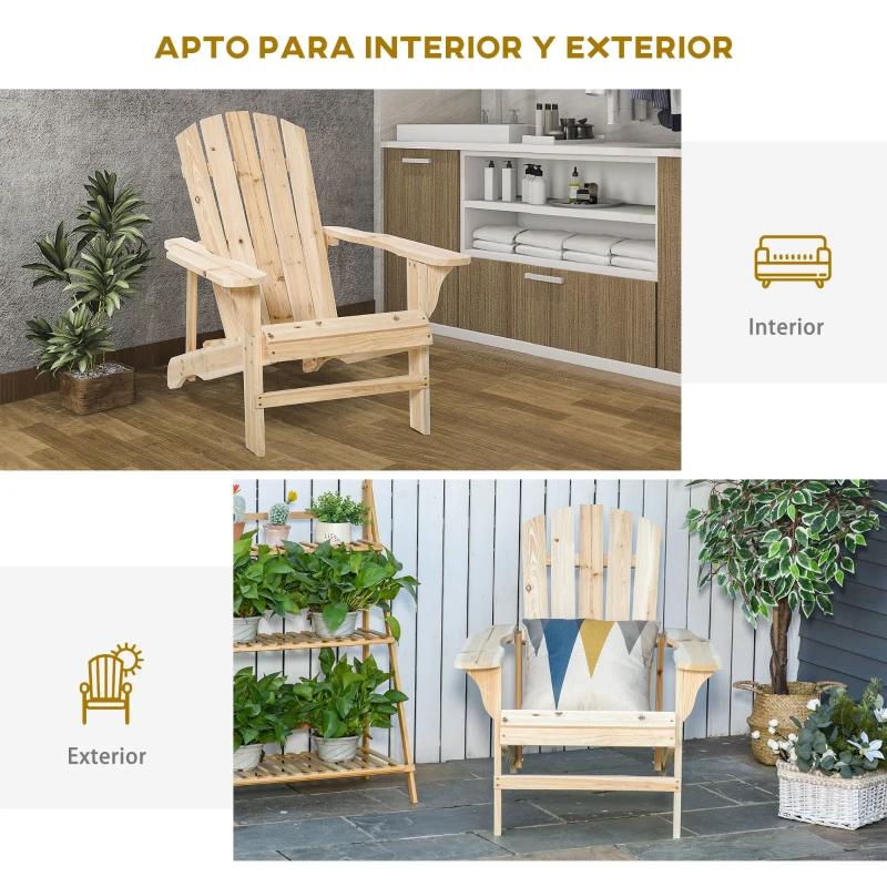 Outsunny Silla de Jardín Adirondack Asiento Extra Ancho Carga 150 kg para Patio Terraza Balcón 78x89x88 cm Natural