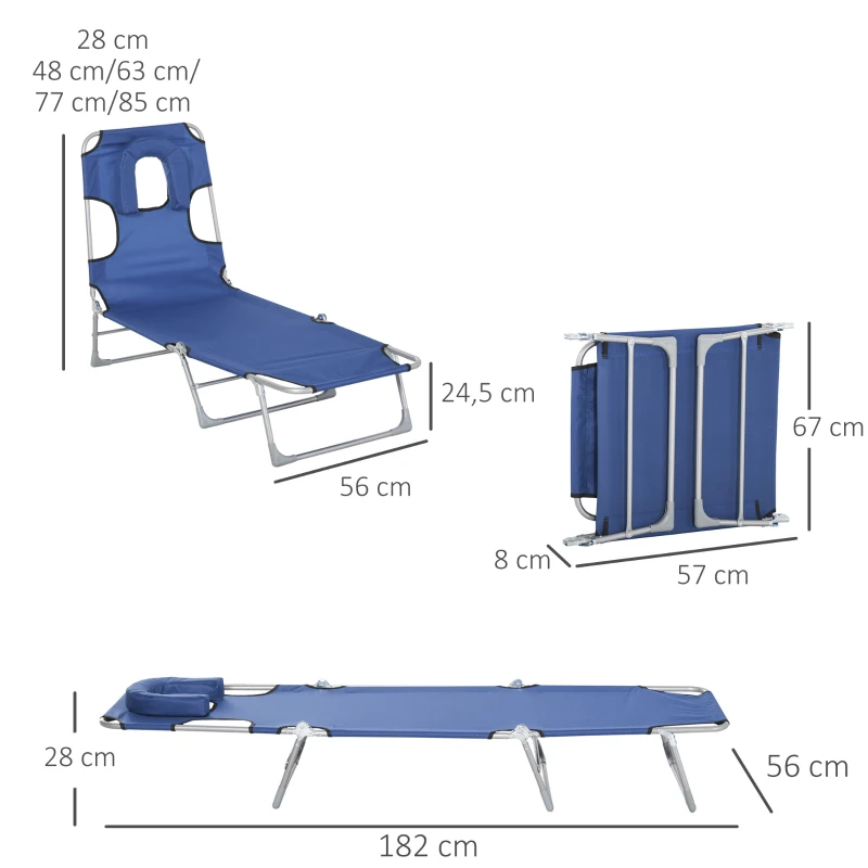 Outsunny Tumbona Reclinable y Plegable de Jardín con Orificio de Lectura Reposacabezas y Respaldo Ajustable en 5 Niveles para Playa 182x56x28 cm Azul