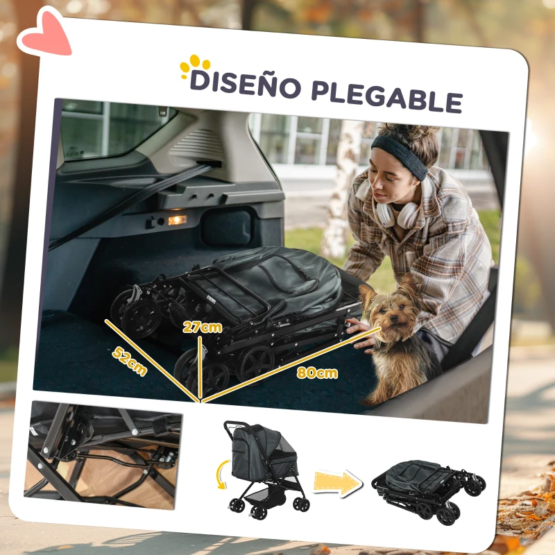 PawHut Carrito para Perros Plegable con Mango Reversible Ventana de Malla Cesta de Almacenamiento 76,5x52x95 cm Gris