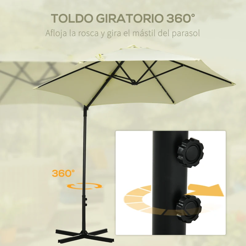 Outsunny Parasol de Terraza Manual Ø256x248 cm con Luces LED Solares Poste Giratorio 360° y Ventilación Superior Beige