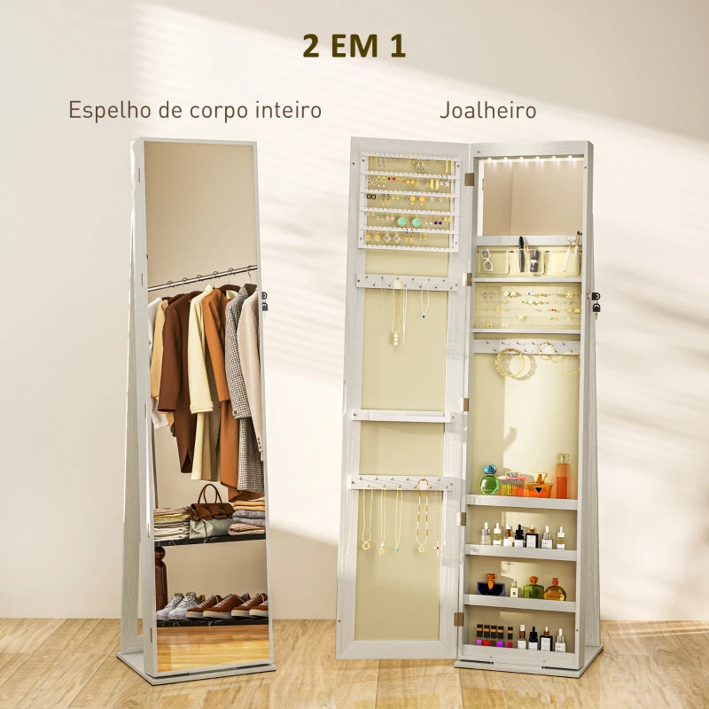 HOMCOM Joalheiro de Pé Armário para Joias com 6 Luzes LED Fechadura Prateleiras Suportes para Anéis 38x38x157 cm Branco e Bege