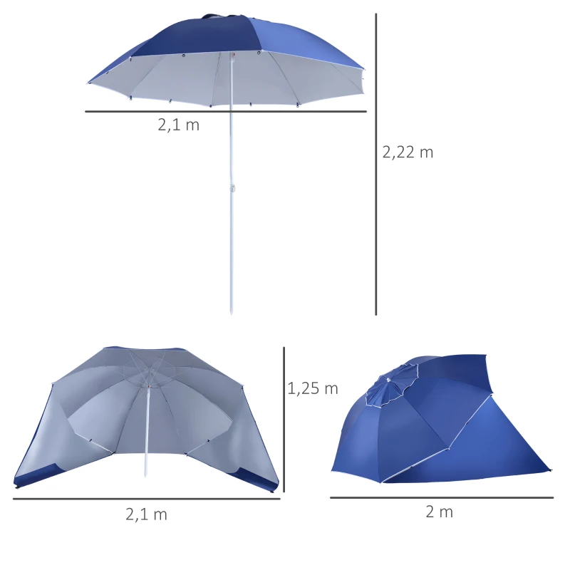 Outsunny Parasol para Playa 2 en 1 con 2 Paneles Laterales Toldo Portátil Anti-UV con Bolsa de Transporte Ø210x222cm Azul