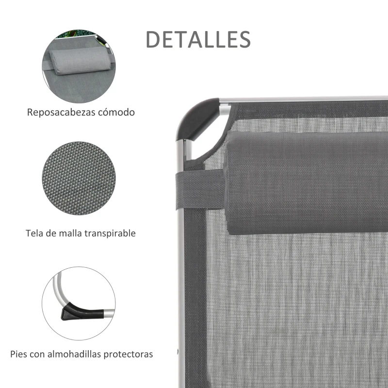 Outsunny Tumbona Plegable Reclinable de Aluminio con Reposacabezas Extraíble y Respaldo Transpirable Ajustable en 4 Posiciones para Jardín Terraza Camping Exterior 165x60x76 cm Gris
