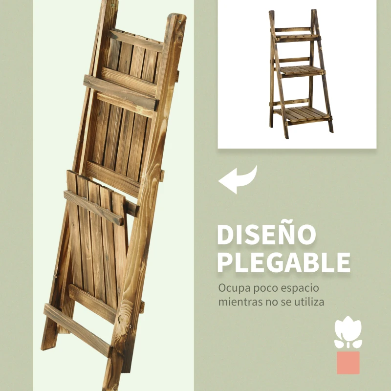 Outsunny Soporte para Plantas de Madera de 3 Niveles Estantería para Plantas Plegable Soporte para Macetas 40x37x93 cm Natural