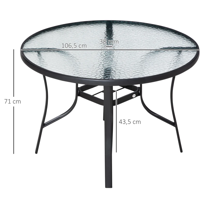 Outsunny Mesa de Cristal de Jardín con Agujero para Sombrilla Mesa para Comer Redonda con Marco de Acero para Exterior Terraza Balcón  Ø106,5x71 cm Negro