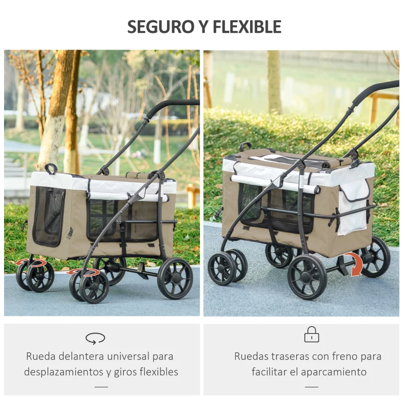 PawHut Cochecito para Perros Plegable con Vagón Desmontable 4 Puertas con Cremallera 2 Correas de Seguridad y Cojín Caqui