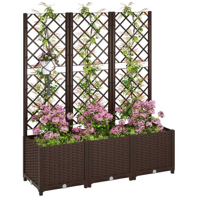 Outsunny Floreira com Treliça de PP com Drenagem e Amplo Espaço para Plantas Trepadoras Vaso com Suporte para Jardim 120x40x135 cm Marrom