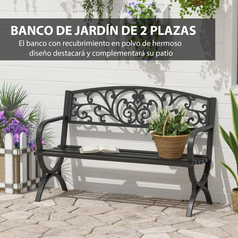 Outsunny Banco de Jardín de 2 Plazas Banco de Terraza de Hierro con Diseño Clásico Patrón Floral 127x60x85cm Negro