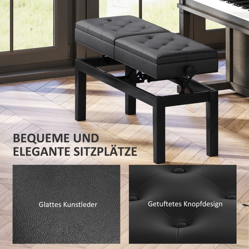 HOMCOM Pianobank, Verstelbare Dubbele Zitplaats, Opbergruimte, Kunstleer, Zwart(m-4)