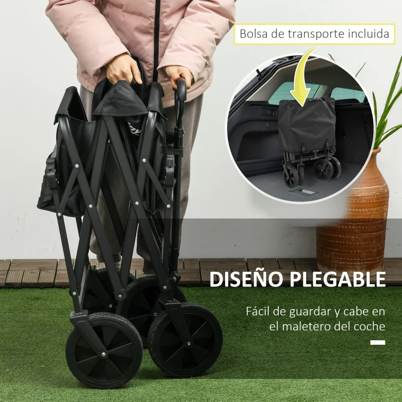 Outsunny Carro Plegable con Toldo Desmontable Longitud y Ángulo del Mango Ajustables y Bolsa de Transporte Carga 100 kg Negro