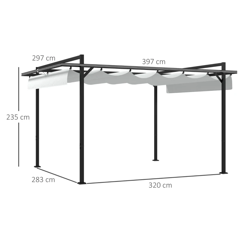 Outsunny Cenador de Jardín 3x4 m con Techo Retráctil de Poliéster y 12 Orificios de Drenaje Pérgola para Terraza Blanco y Gris