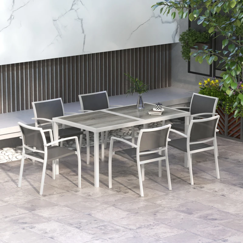 Outsunny Juego de Comedor de Jardín de 7 Piezas con 1 Mesa y 6 Sillas Apilables Estilo Moderno para Terraza Patio Blanco y Gris