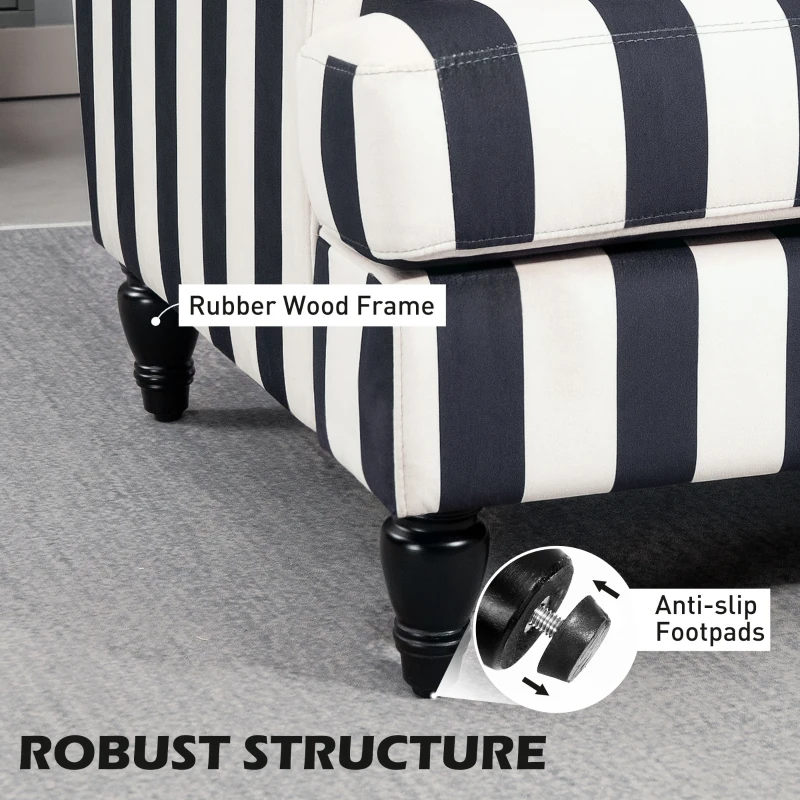 HOMCOM Modern Cuddle Chair, Velvet Single Sofa Armchair with Stripe, Turned Legs and Wide Seat, Upholstered Snuggle Chair for Living Room, Bedroom, Black and White