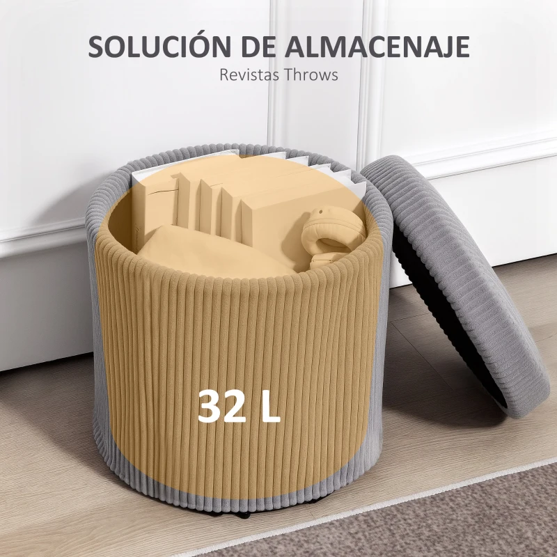HOMCOM Puff con Almacenaje Redondo Tapizado en Pana con Estructura de Acero Estable y Acolchado Suave Ø40x41 cm Gris Claro