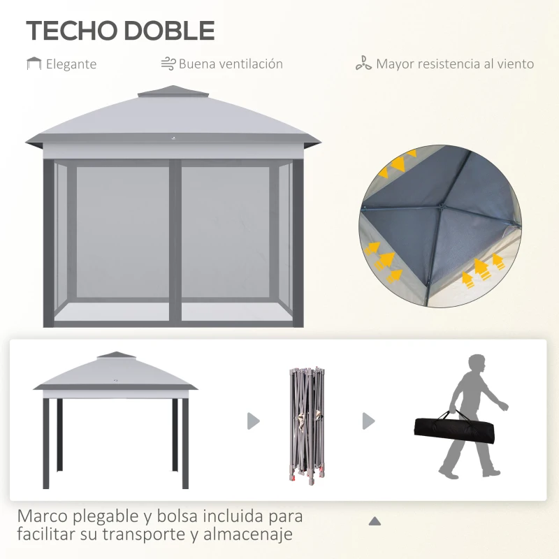 Outsunny Carpa Plegable 3,3x3,3 m con Altura Ajustable Doble Techo 4 Mosquiteras Extraíbles y Bolsa de Transporte Anti-UV Gris