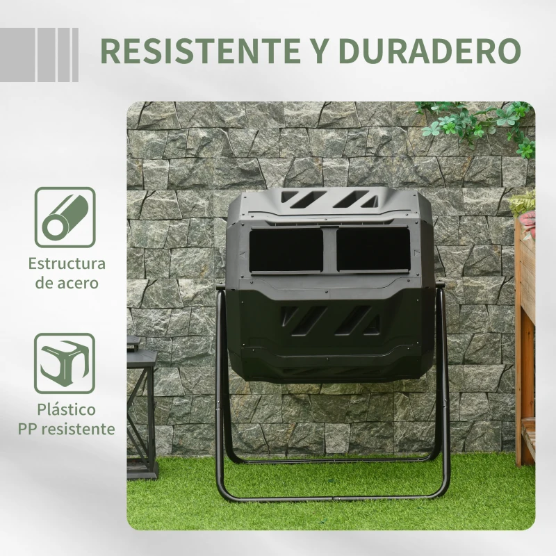 Outsunny Compostador de Tambor Giratorio con Capacidad 160 Litros de Doble Cámara y Ventilación Marco de Acero 71x65x96cm Negro