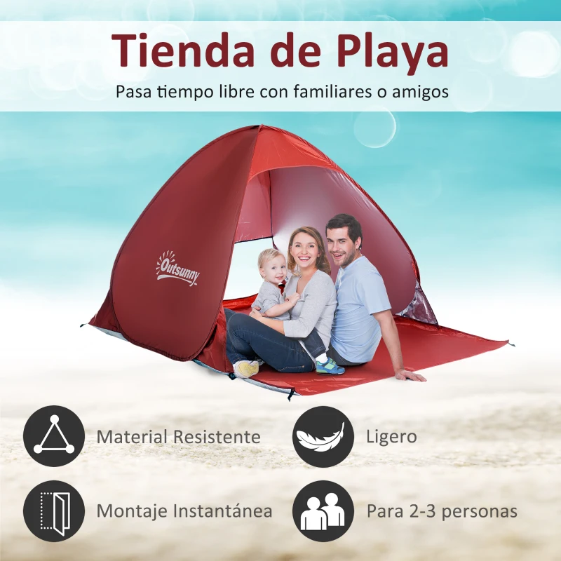 Outsunny Tienda de Playa para 2-3 Personas Pop-Up con Ventanas tipo Refugio con Protección Solar UV 200x150x119 cm Rojo