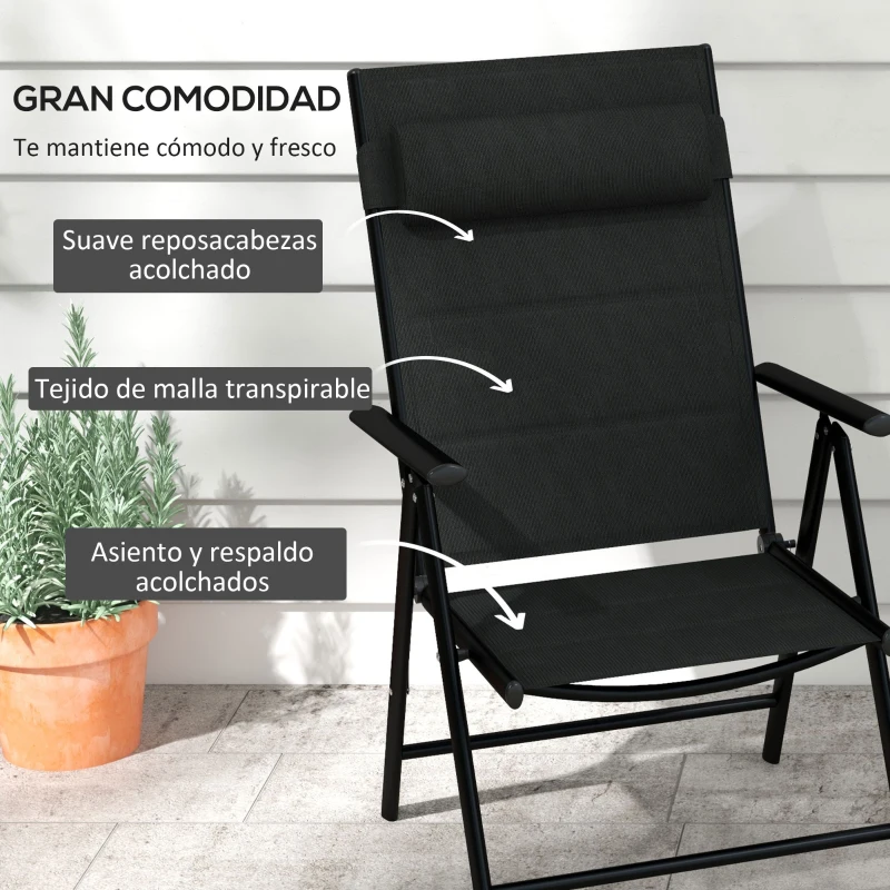 Outsunny 2 Sillas de Camping Plegables con Reposacabezas Reposabrazos y Marco de Aluminio Carga 130 kg 54x67x108 cm Negro