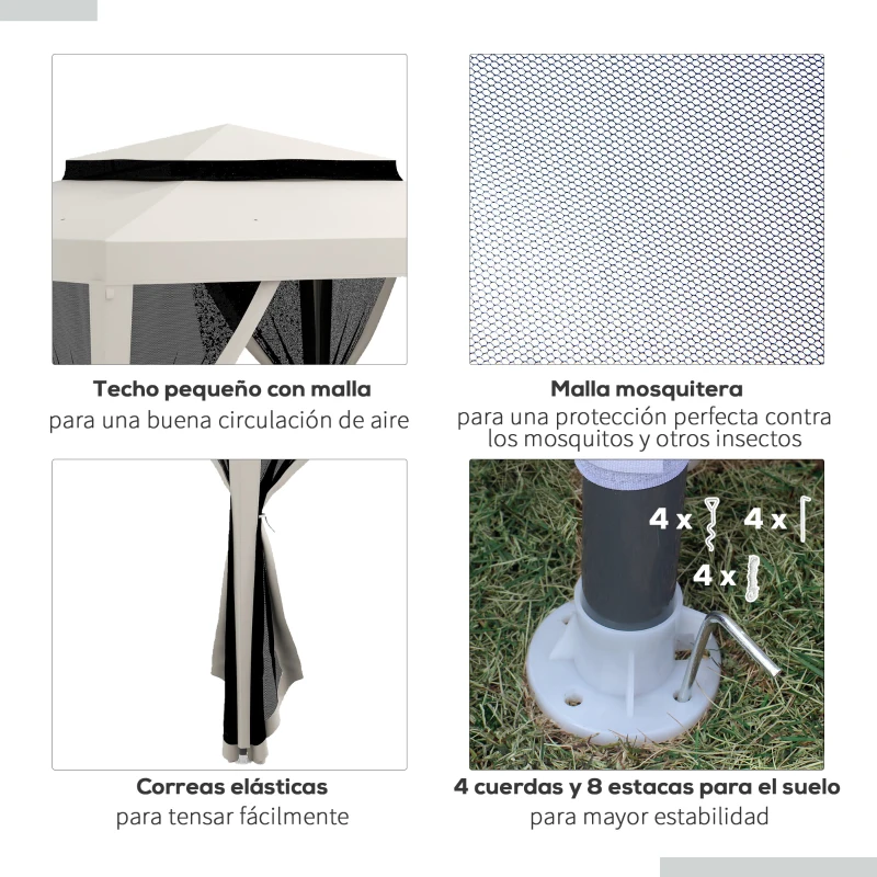 Outsunny Carpa de Jardín 3x3 m Cenador Gazebo con 4 Mosquiteras Laterales Techo Doble 8 Orificios de Drenaje Marco de Metal Crema