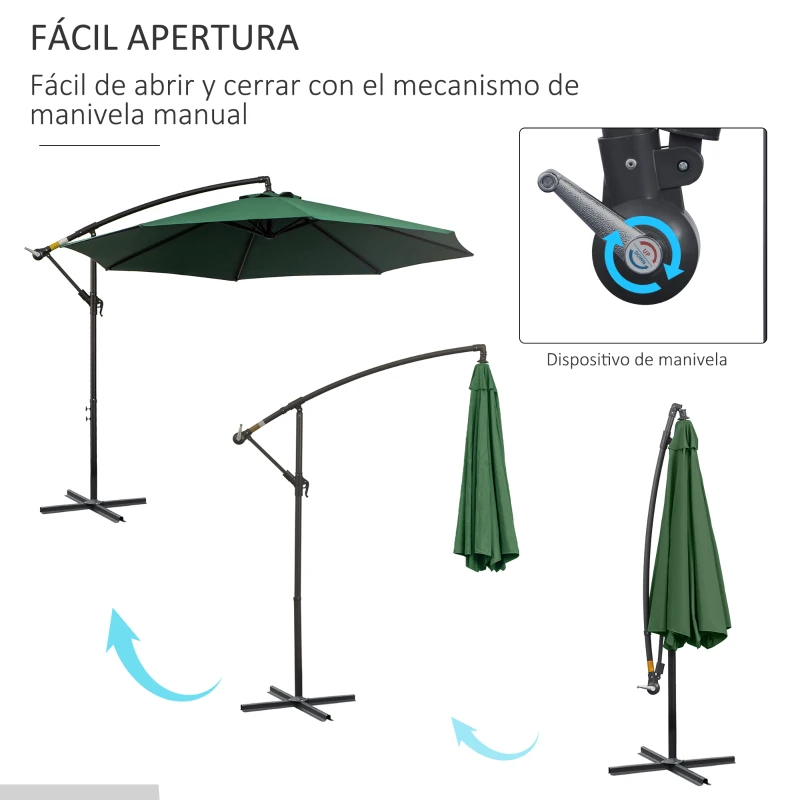 Outsunny Sombrilla de Jardín Ø300x250 cm Parasol Excéntrico Inclinable con Manivela Base Cruzada y Soporte de Acero Verde