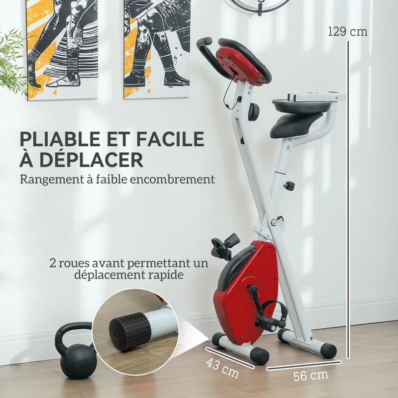 Vélo d'appartement pliable- Collaboration Aosom.fr x FFHandball - 8 niveaux de résistance, dossier selle réglable, rouge