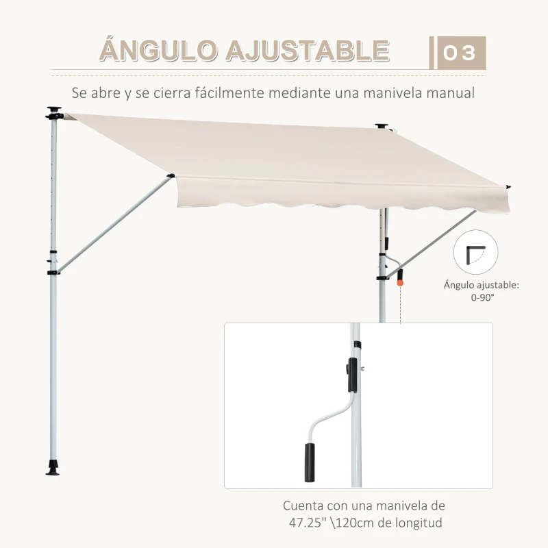 Outsunny Toldo Manual Retráctil 4x1,2 m Toldo Exterior Terraza Enrollable Altura Ajustable con Manivela 170-280 cm Sin Taladro para Balcón Jardín Beige
