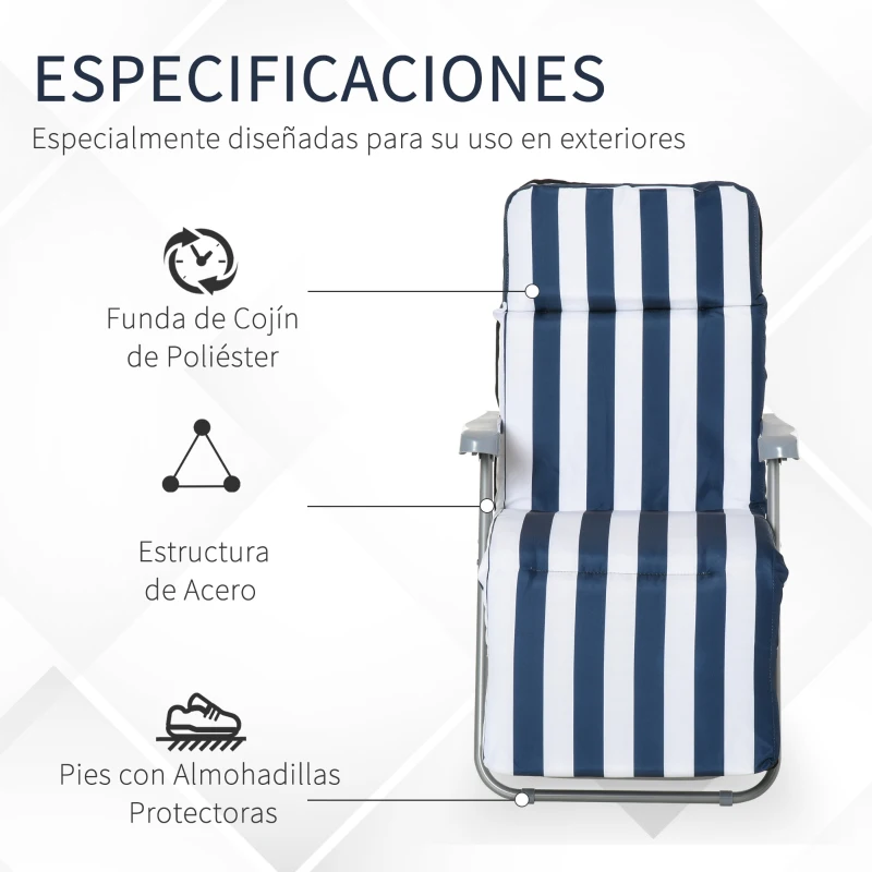 Outsunny 2 Tumbonas de Jardín de Acero con Cojín Acolchado Respaldo Ajustable y Reposapiés 60x75x66-102 cm Azul y Blanco